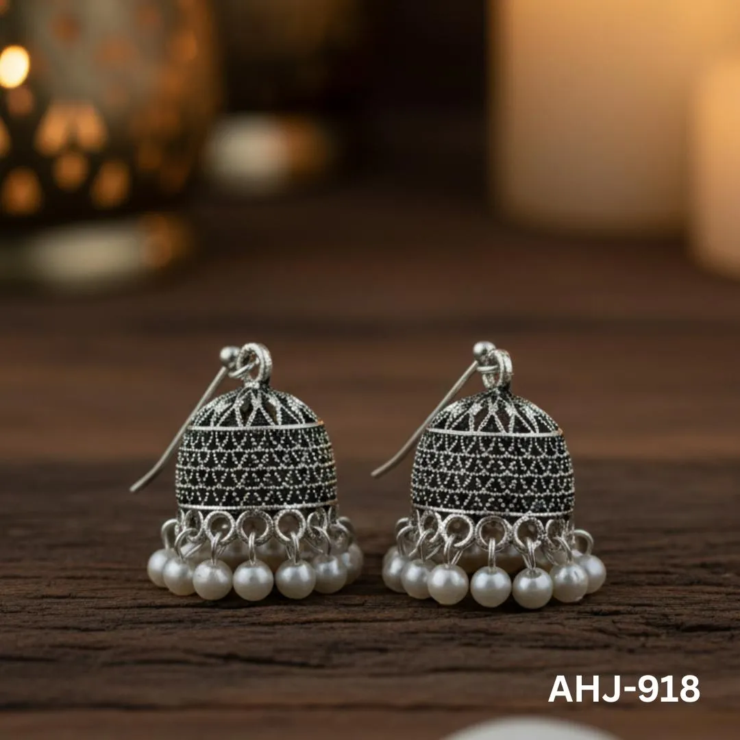 Silver Indian Jhumka Earrings with Pearl Drops
