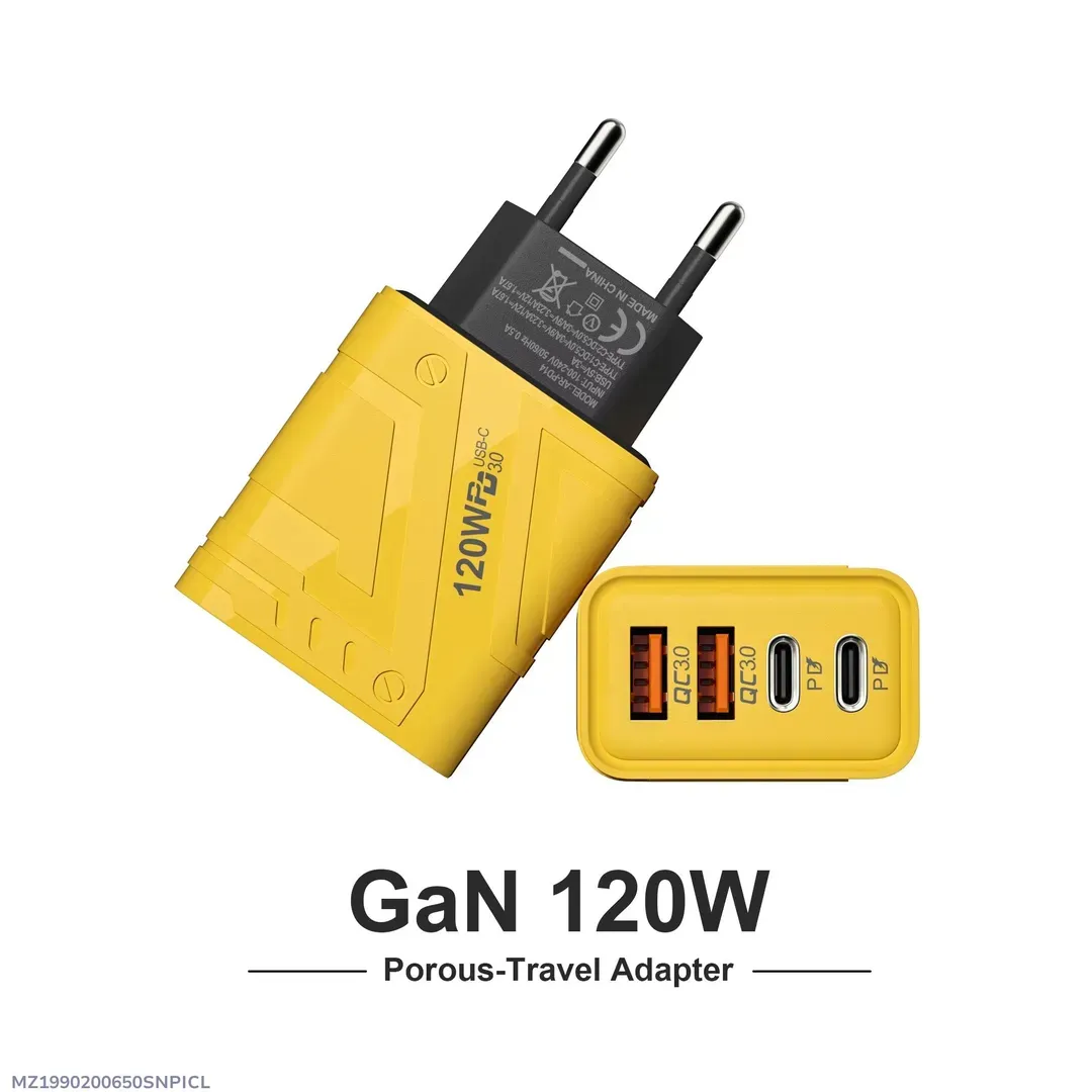 120W Fast Charging Yellow Travel Adapter with 4 USB Ports