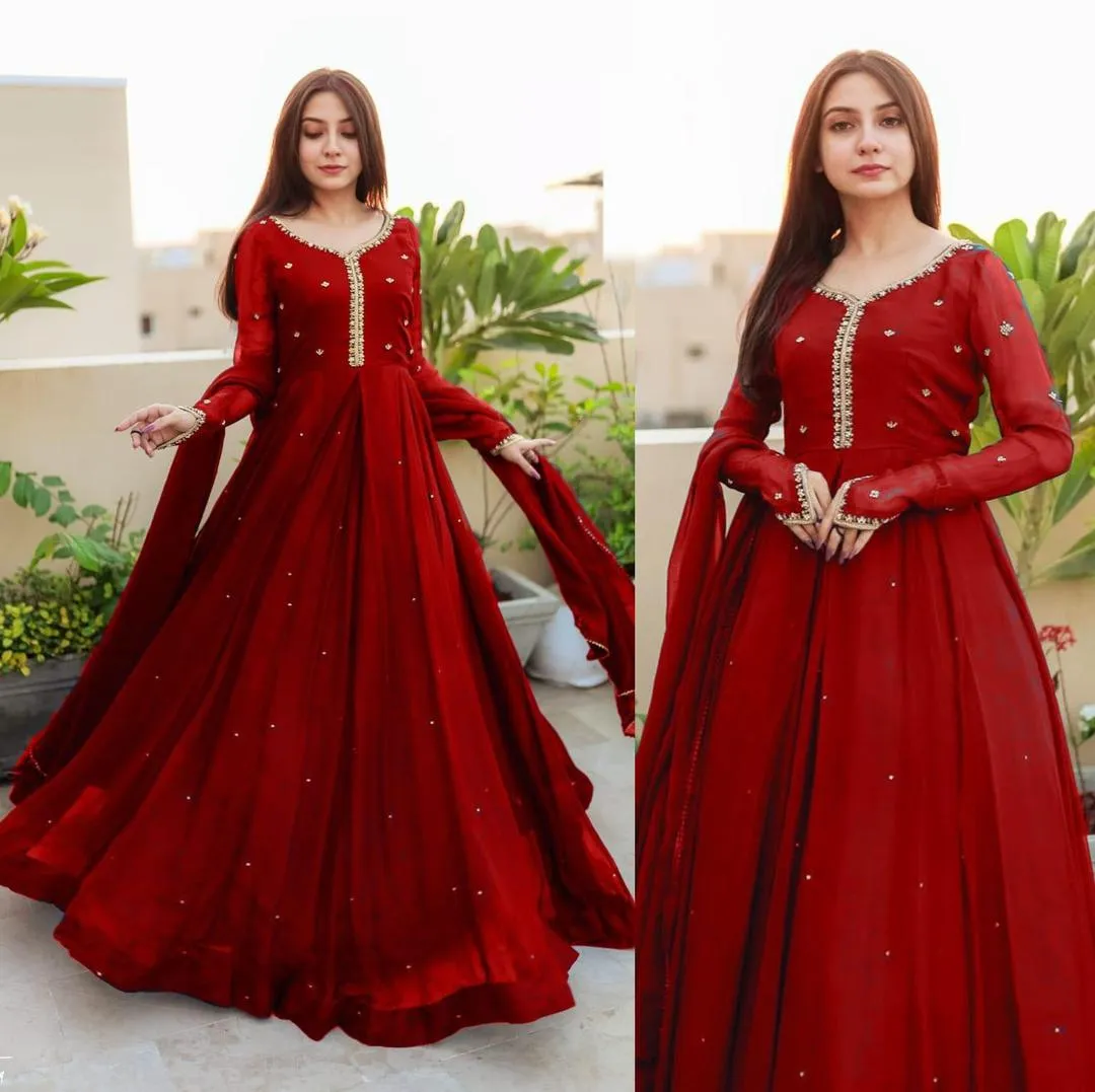 3 Pcs Women's Stitched Chiffon Embroidered Frock