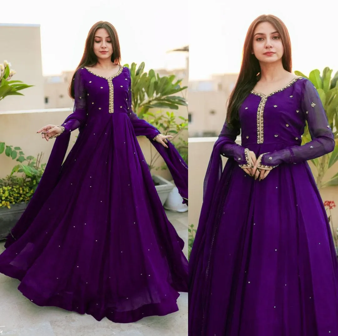 Purple Embroidered Chiffon Maxi Set with Dupatta