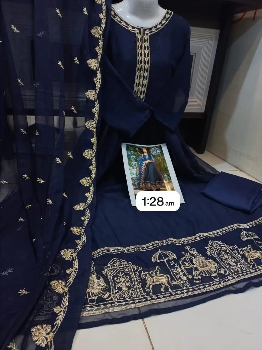 Blue Embroidered Chiffon Maxi Set with Dupatta & Trouser