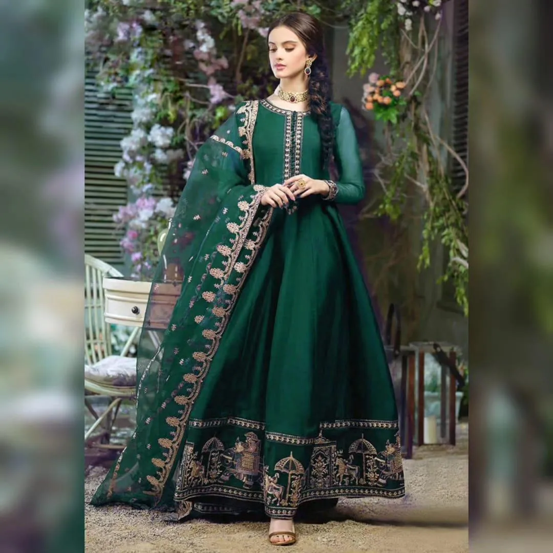 Green Embroidered Chiffon 3Pcs Party Wear Set