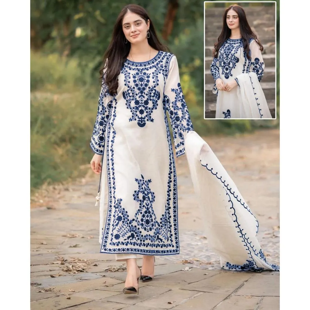 3 Pcs Women's Stitched Organza Embroidered Suit