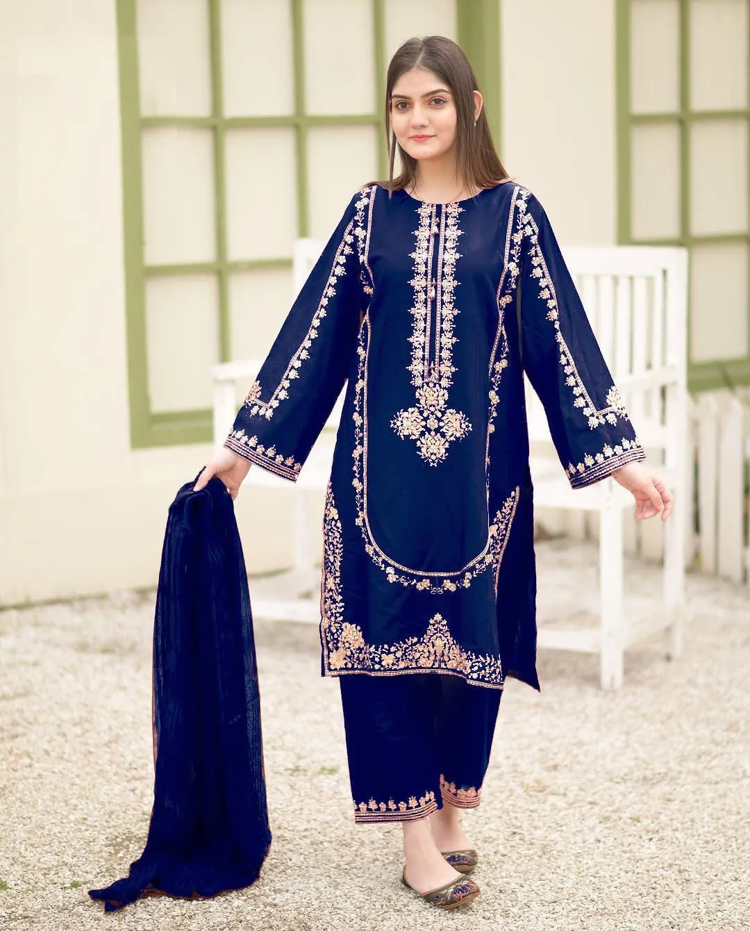 3 Pcs Women's Stitched Shamoz Silk Sequins Embroidered Suit