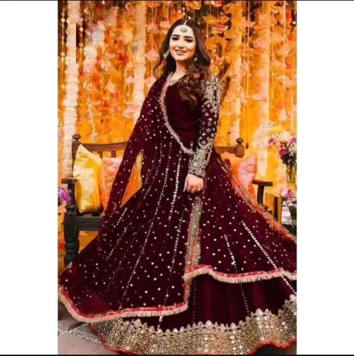 3 Pcs Women's Stitched Shamoz Silk Mirror Work Frock