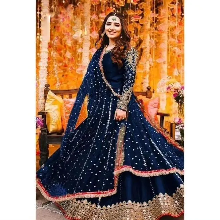 3 Pcs Women's Stitched Shamoz Silk Mirror Work Frock