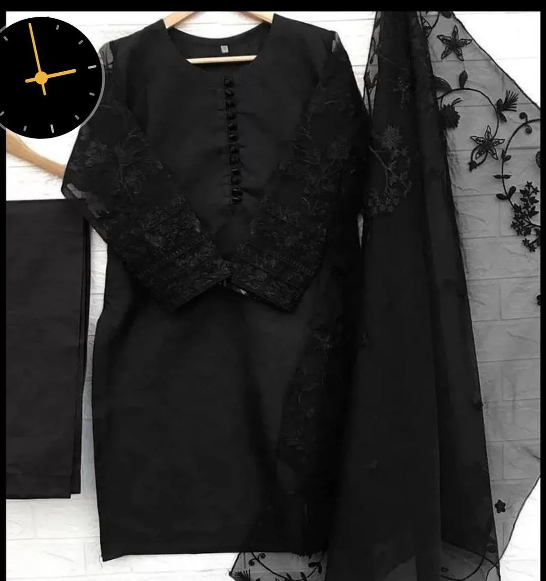 3 Pcs Women's Stitched Organza Embroidered Suit