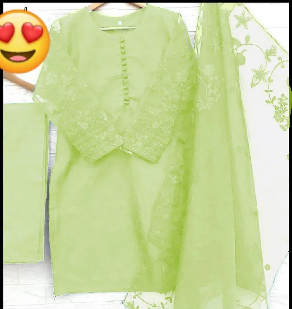 3 Pcs Women's Stitched Organza Embroidered Suit