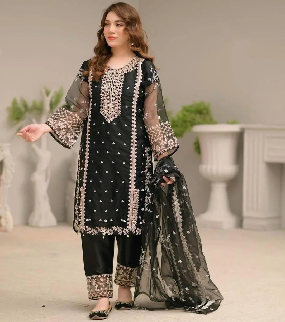 3 Pcs Women's Stitched Organza Embroidered Suit