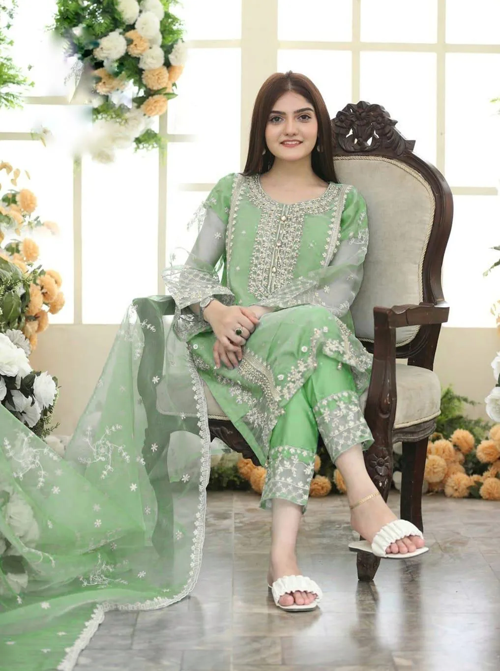 3 Pcs Women's Stitched Organza Embroidered Suit