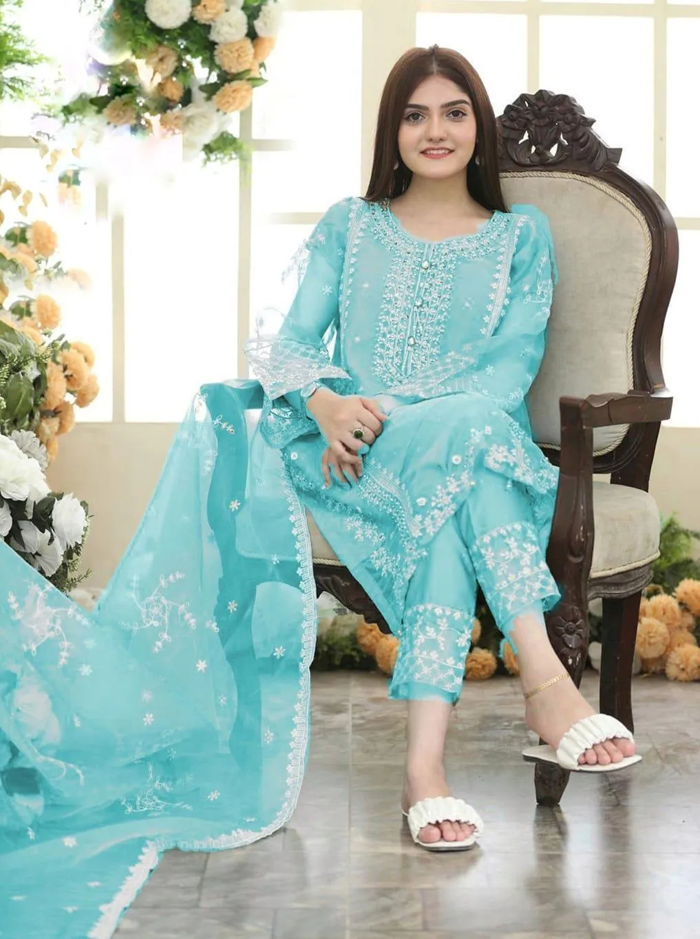 3 Pcs Women's Stitched Organza Embroidered Suit