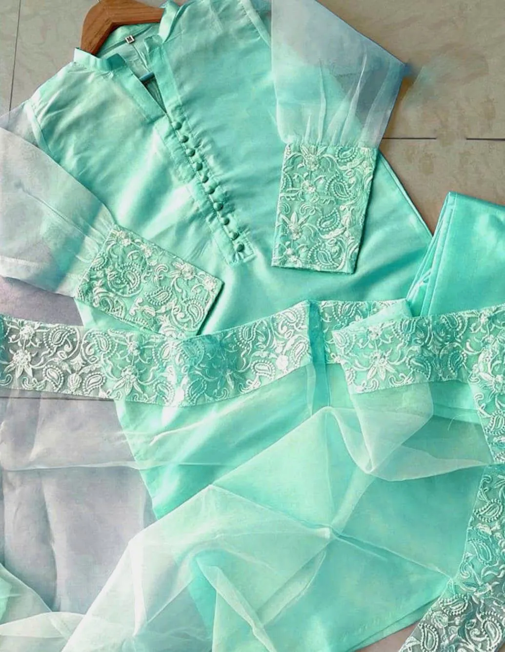 3 Pcs Women's Stitched Organza Embroidered Suit