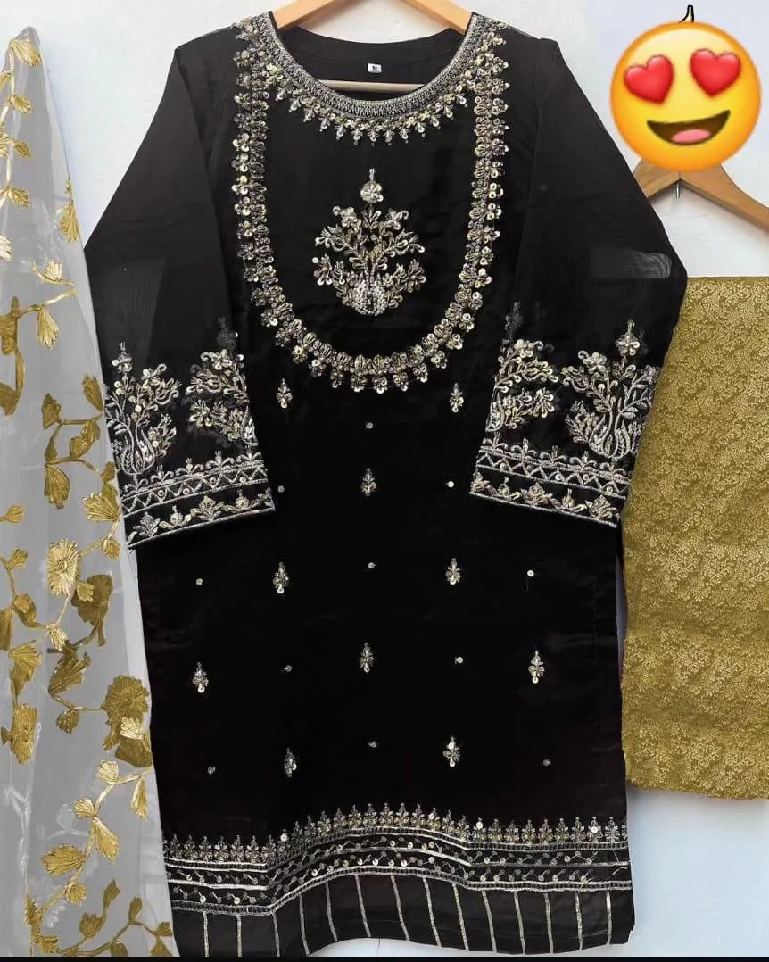 3 Pcs Women's Stitched Organza Hand Work Suit