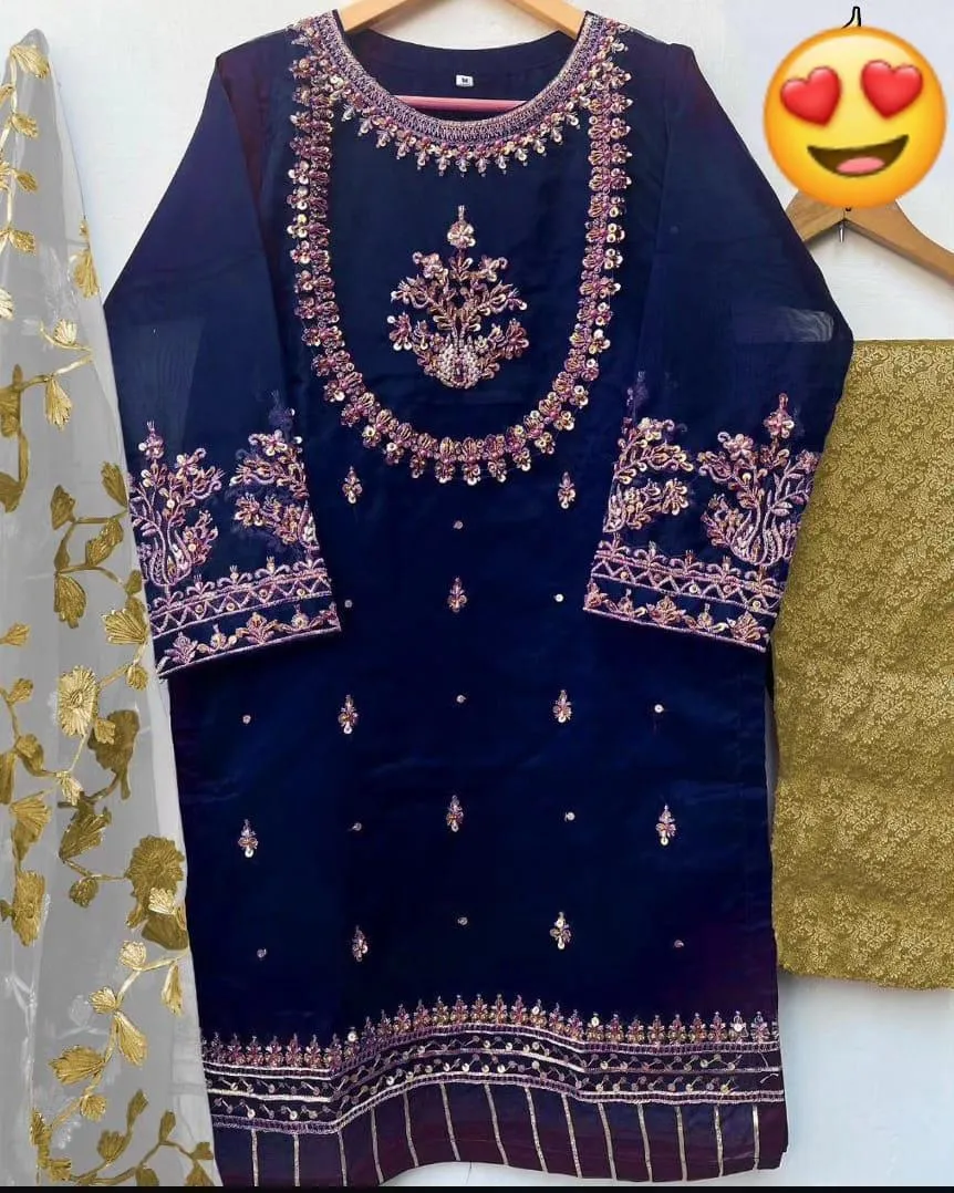 3 Pcs Women's Stitched Organza Hand Work Suit