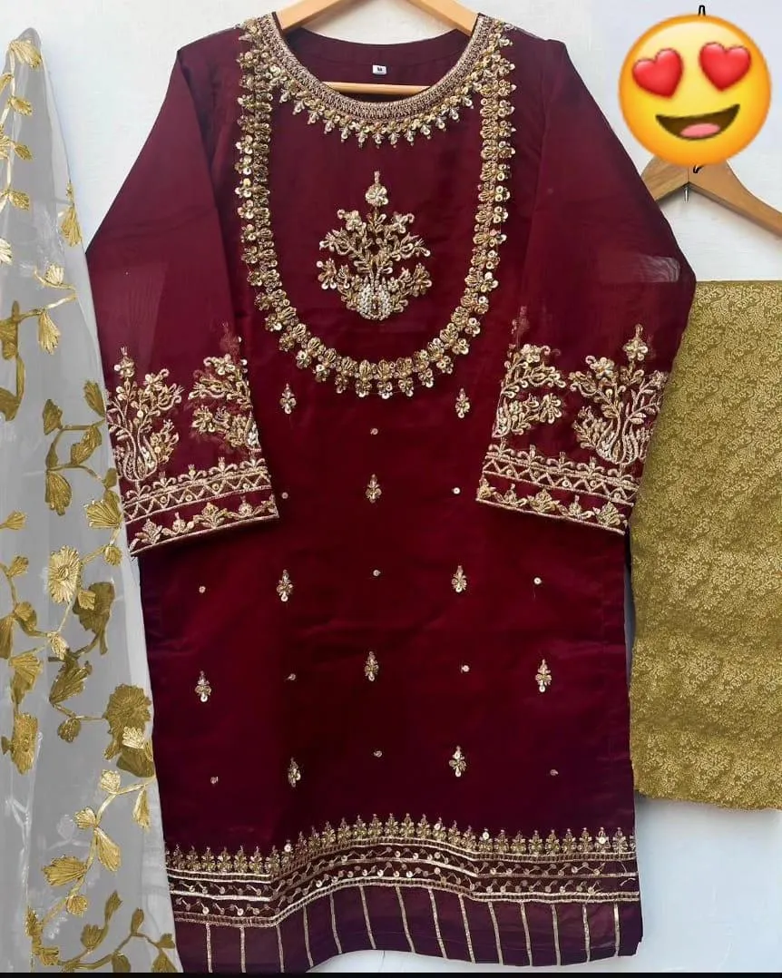 3 Pcs Women's Stitched Organza Hand Work Suit