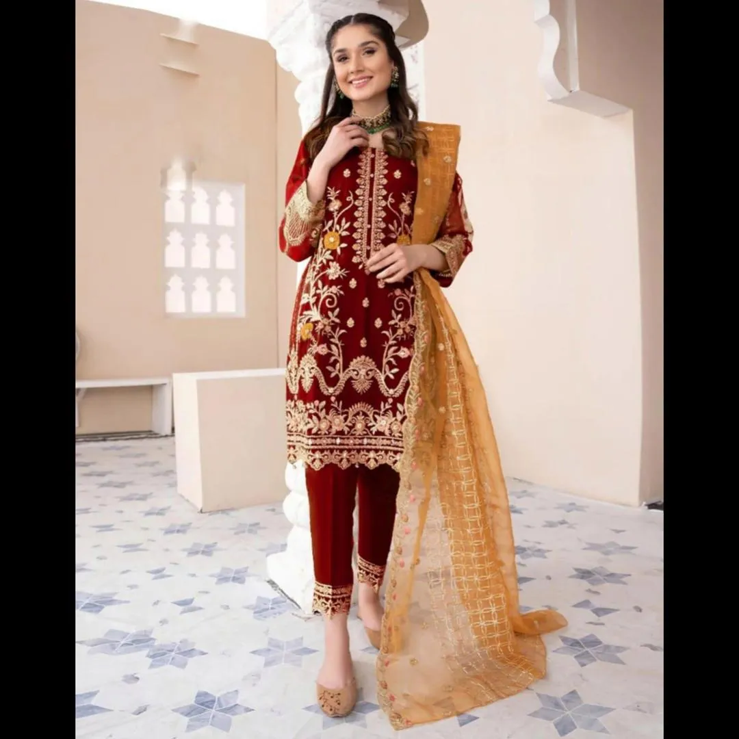 3 Pcs Women's Stitched Organza Embroidered Suit