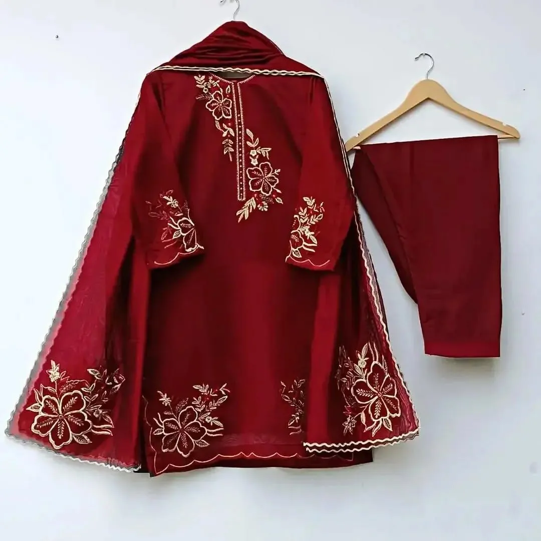 3 Pcs Women's Stitched Organza Embroidered Suit