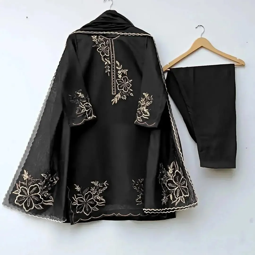 3 Pcs Women's Stitched Organza Embroidered Suit