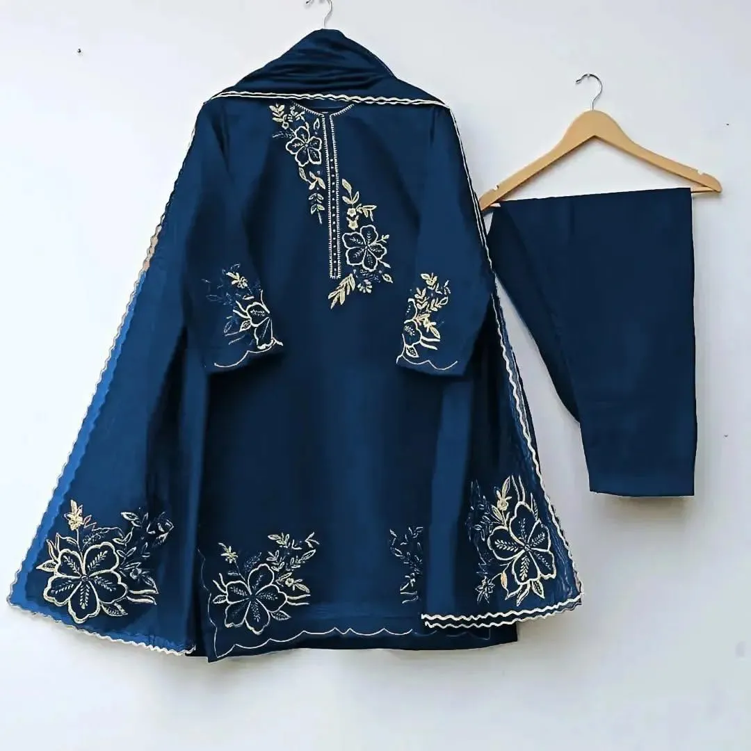 3 Pcs Women's Stitched Organza Embroidered Suit