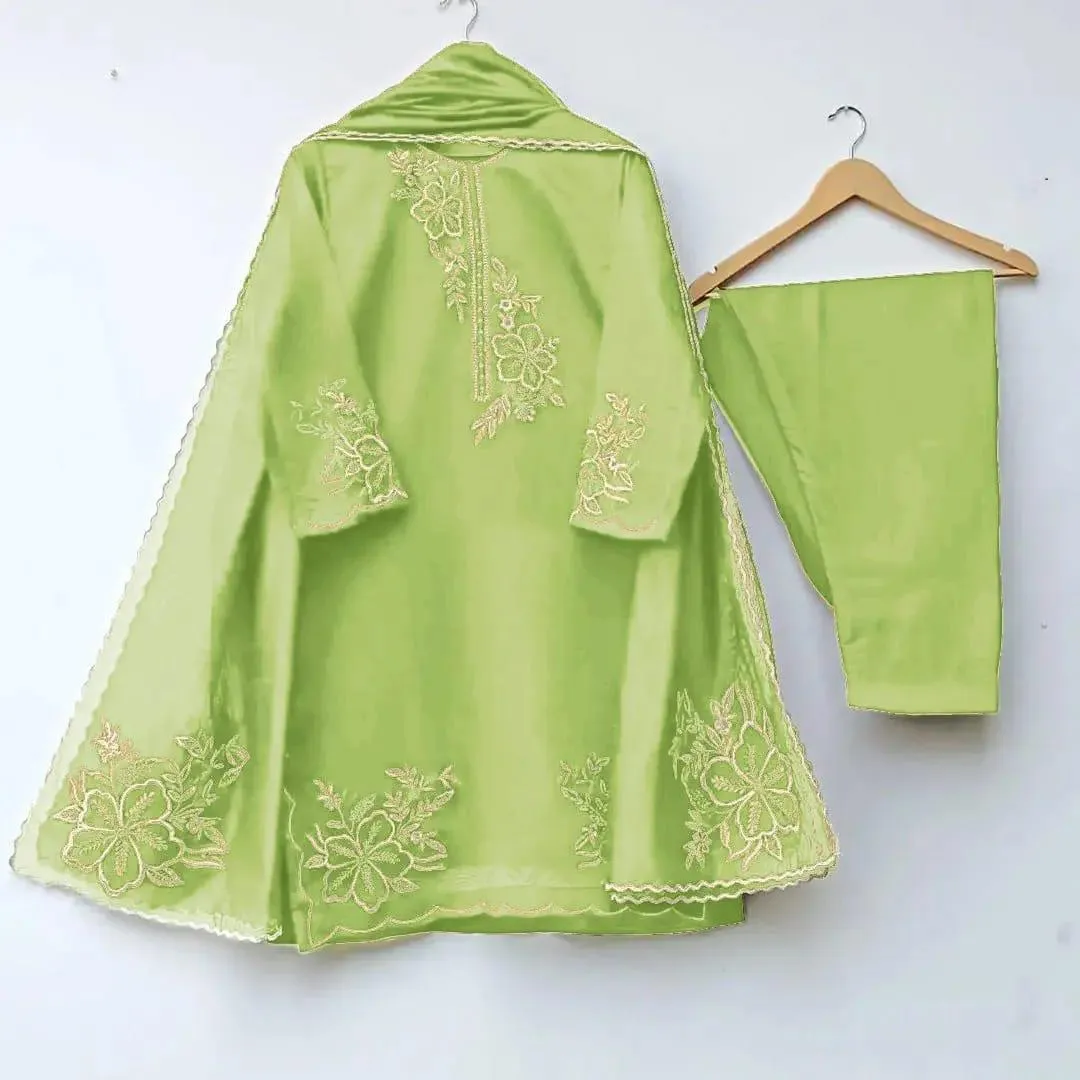 3 Pcs Women's Stitched Organza Embroidered Suit