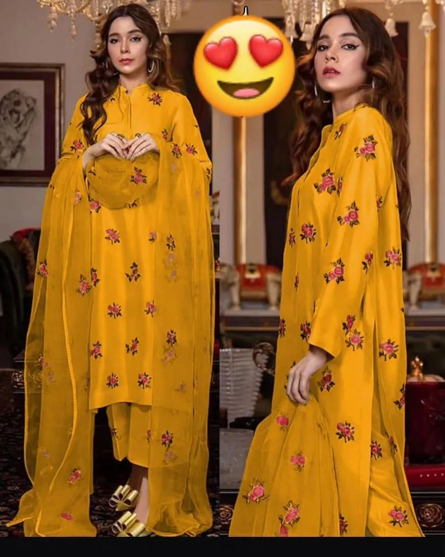 3 Pcs Women's Stitched Shamoz Silk Embroidered Suit
