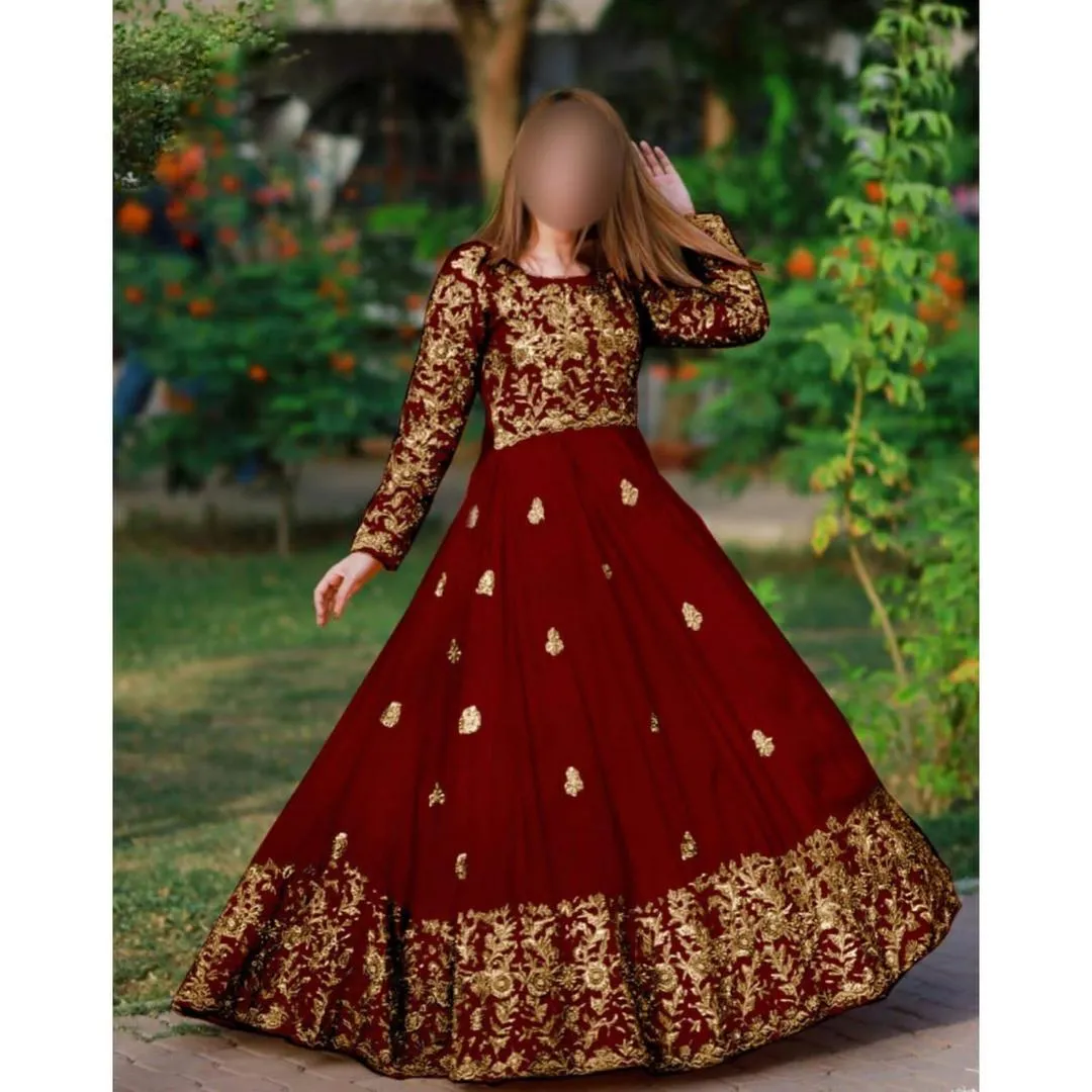 2 Pcs Women's Stitched Shamoz Silk Embroidered Frock And Trouser