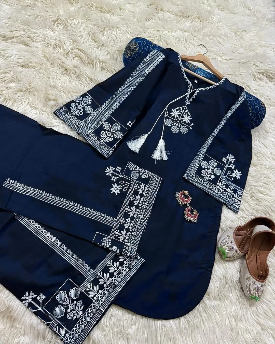 2 Pcs Women's Stitched Cotton Embroidered Shirt And Trouser