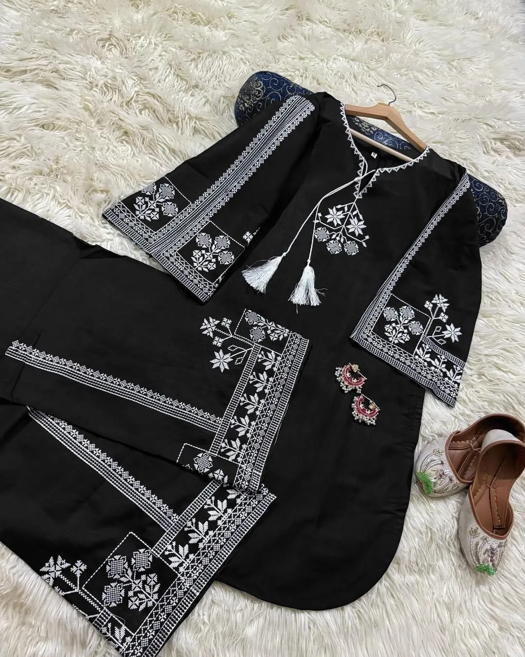2 Pcs Women's Stitched Cotton Embroidered Shirt And Trouser