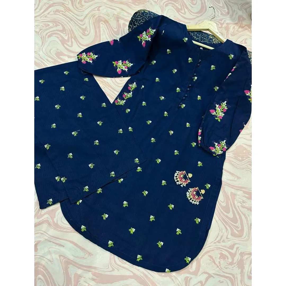 2 Pcs Women's Stitched Linen Embroidered Shirt And Trouser