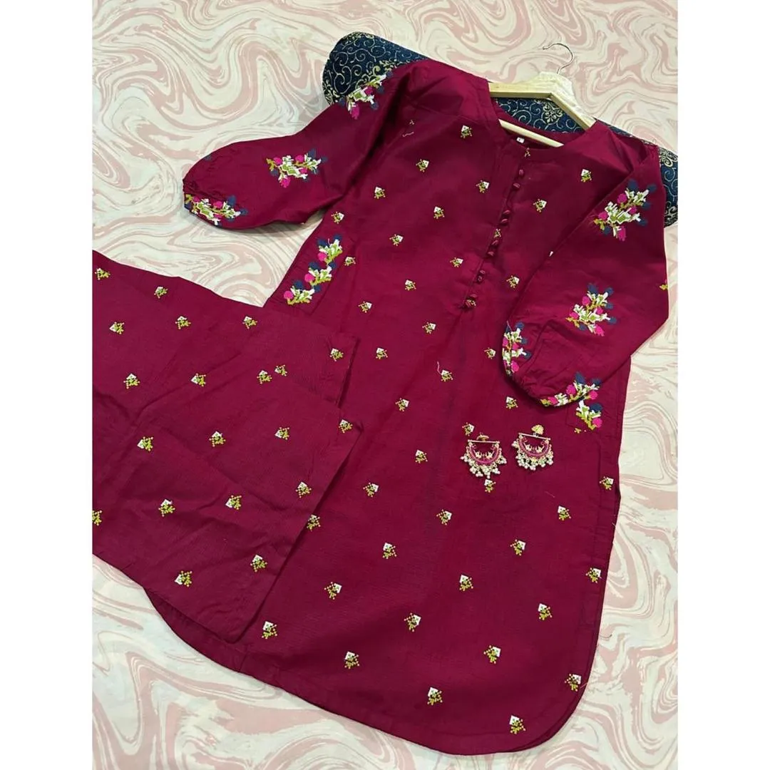 2 Pcs Women's Stitched Linen Embroidered Shirt And Trouser