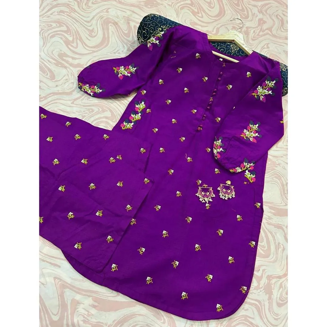 2 Pcs Women's Stitched Linen Embroidered Shirt And Trouser