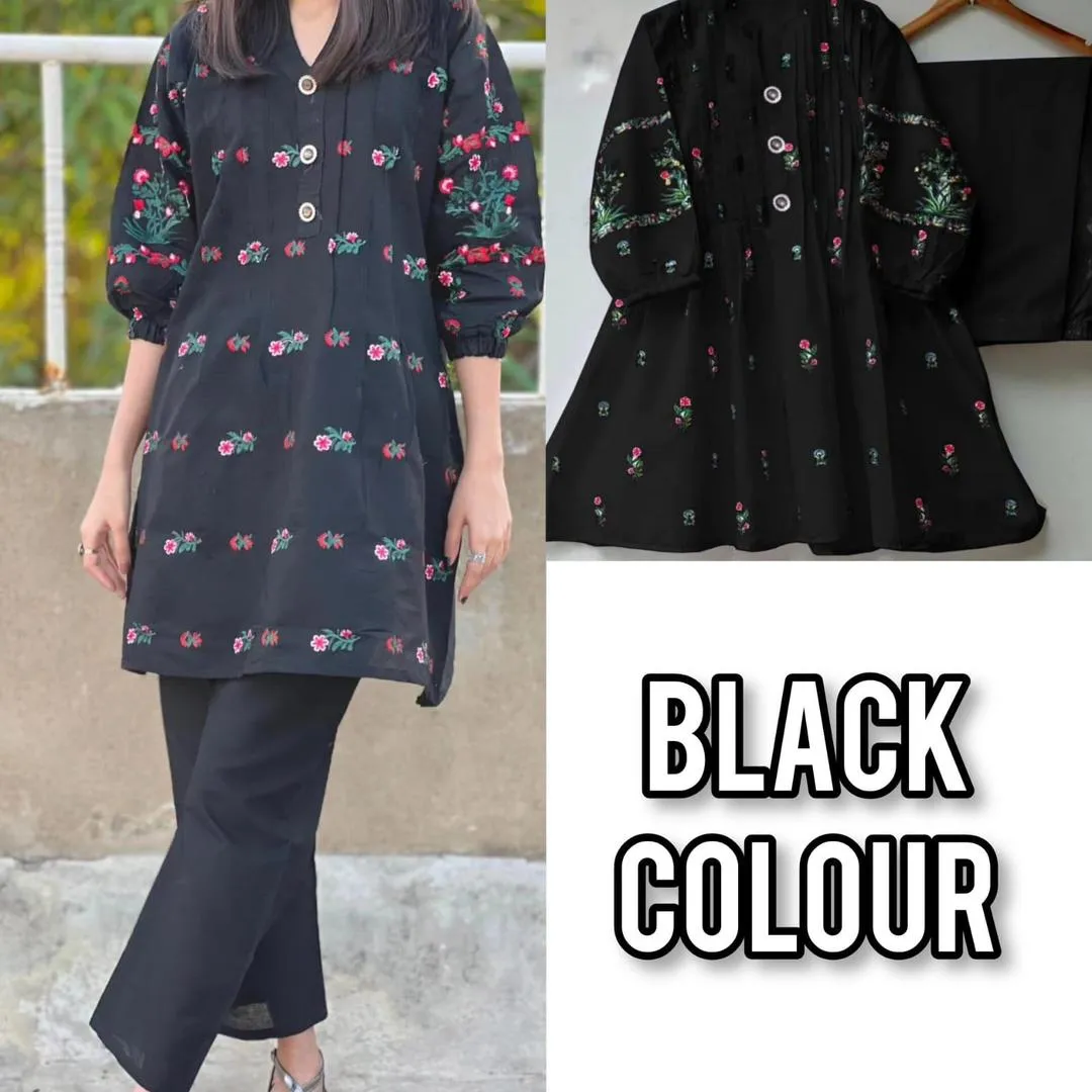 2 Pcs Women's Stitched Cotton Embroidered Shirt And Trouser