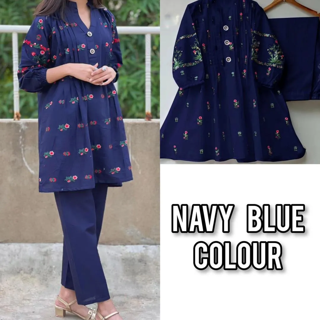 2 Pcs Women's Stitched Cotton Embroidered Shirt And Trouser