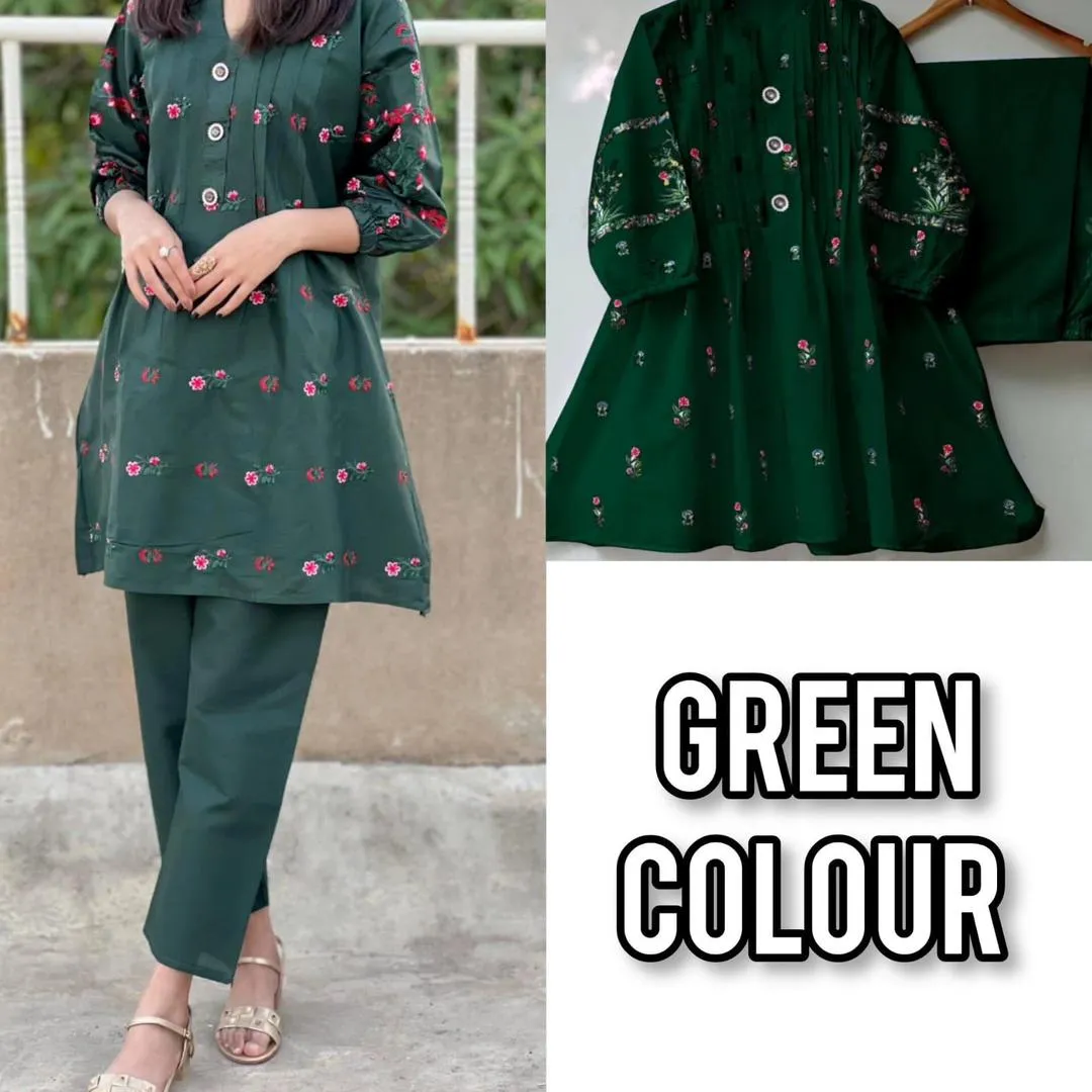2 Pcs Women's Stitched Cotton Embroidered Shirt And Trouser