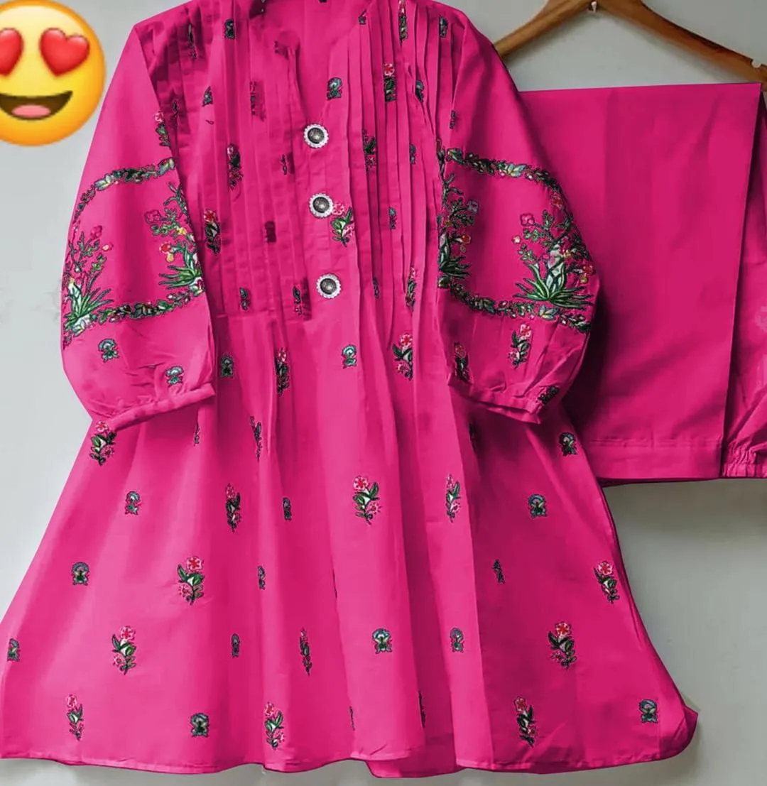 2 Pcs Women's Stitched Cotton Embroidered Shirt And Trouser