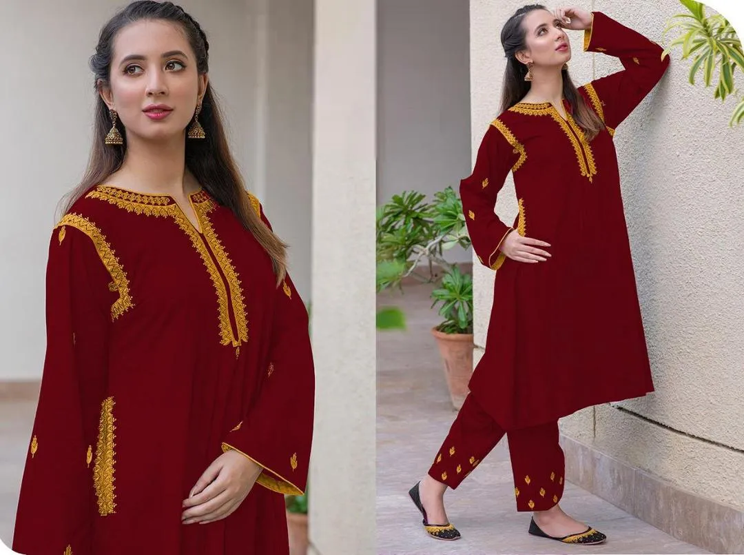 2 Pcs Women's Stitched Linen Embroidered Shirt And Trouser