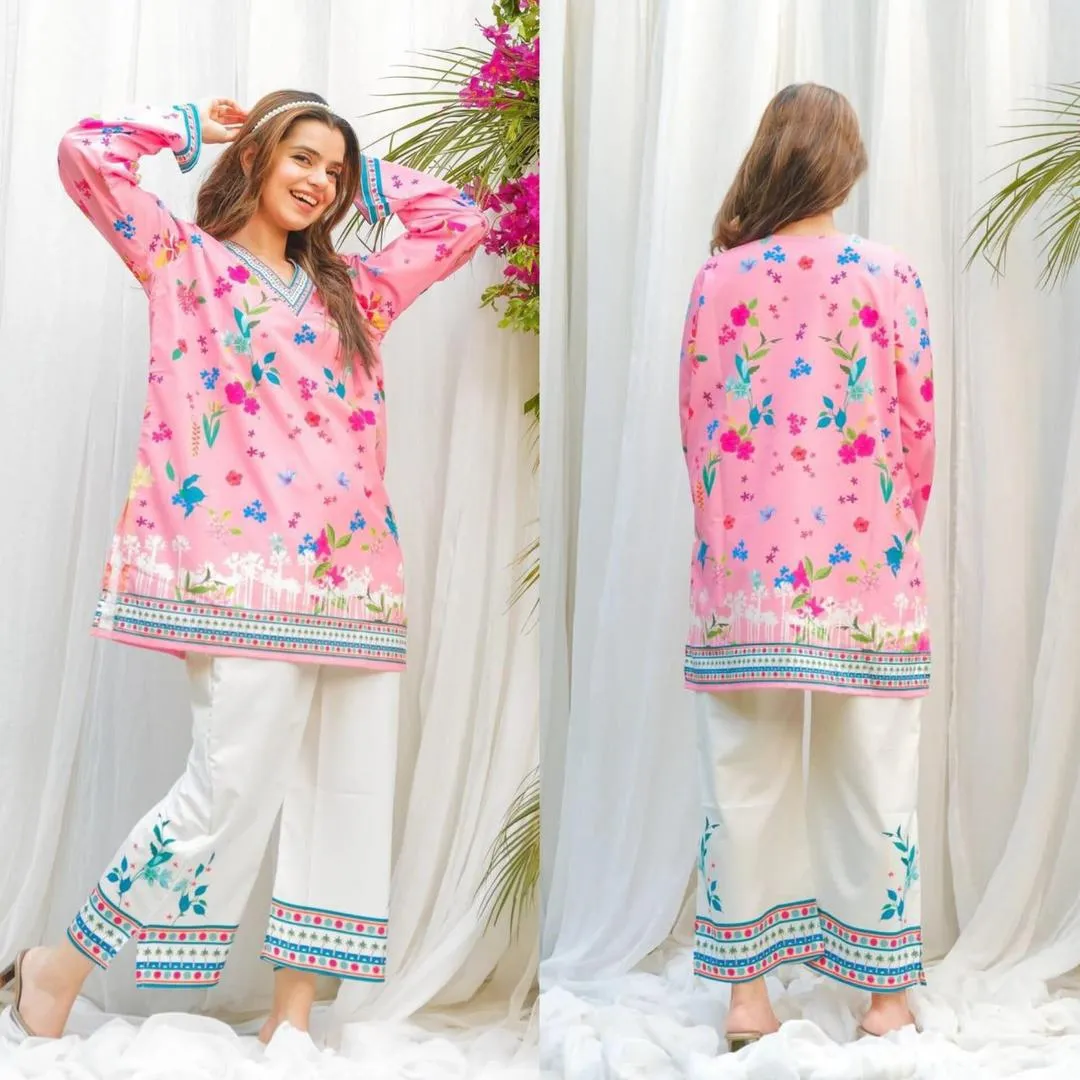 2 Pcs Women's Stitched Swiss Lawn Printed Shirt And Trouser