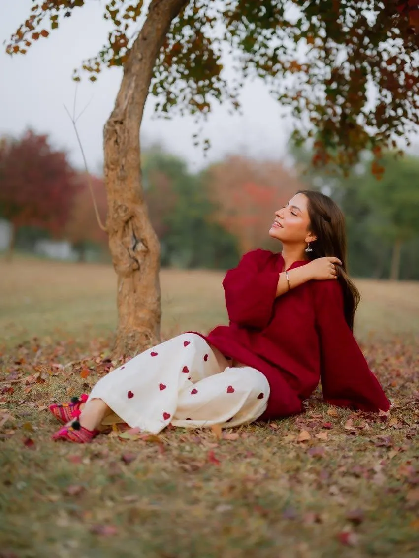 Maroon Embroidered Women's 2Pcs Cotton Shirt & Trouser Set