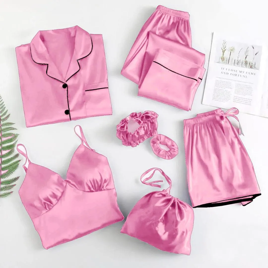 5 Pcs Women's Stitched Silk Plain Night Suit