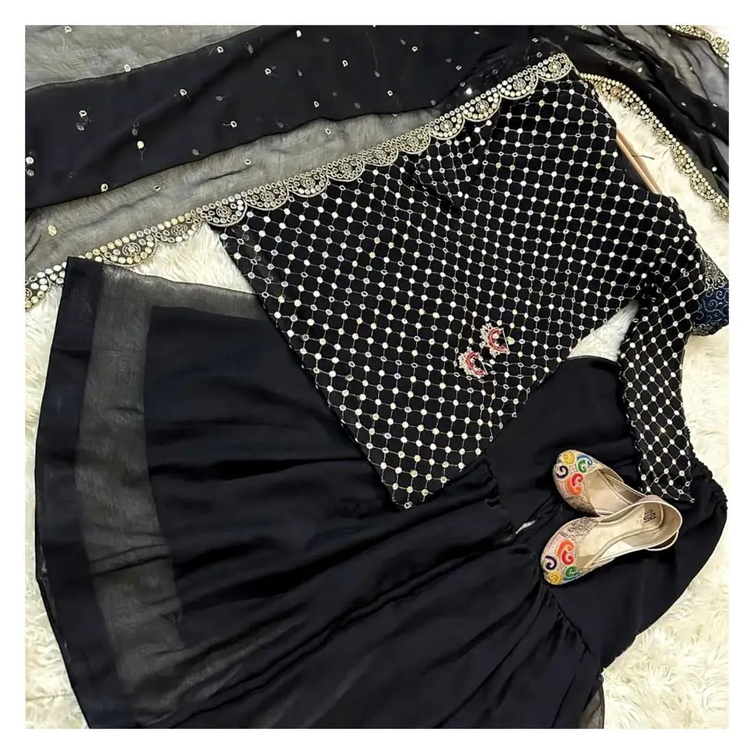 3 Pcs Women’s Stitched Chiffon Zari Embroidered Gharara Shirt