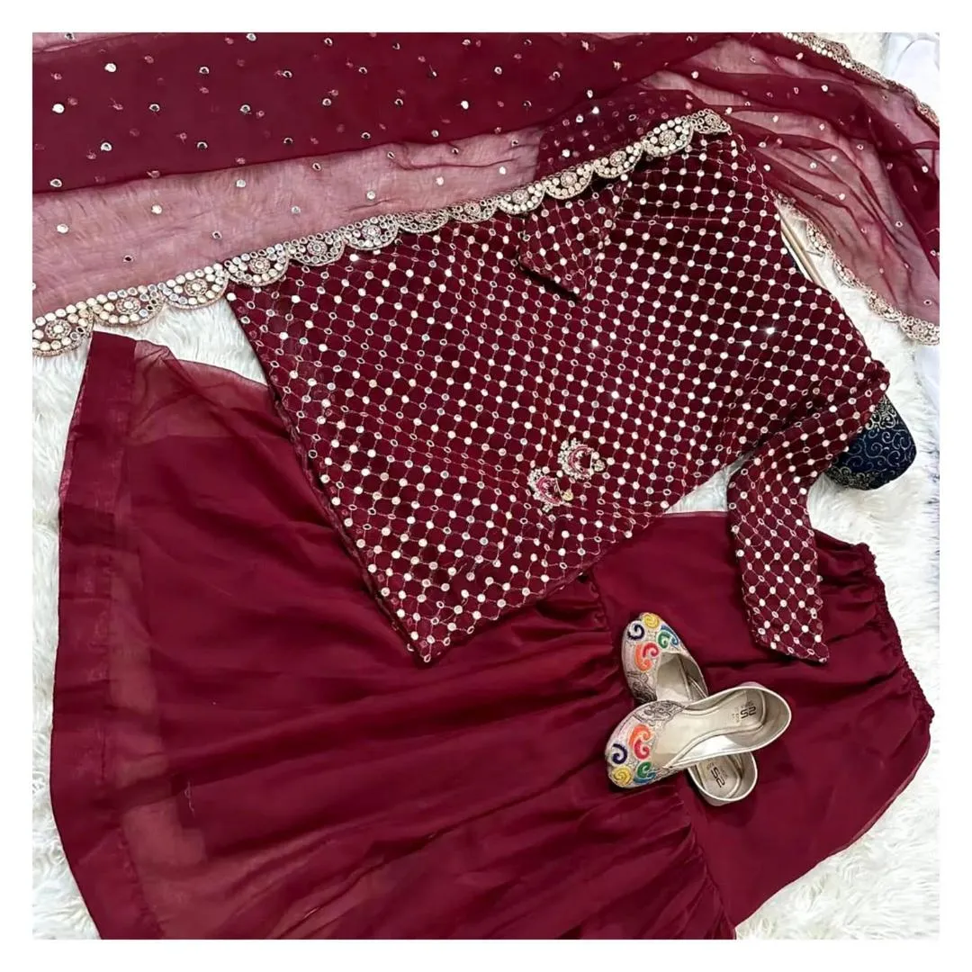 3 Pcs Women’s Stitched Chiffon Zari Embroidered Gharara Shirt