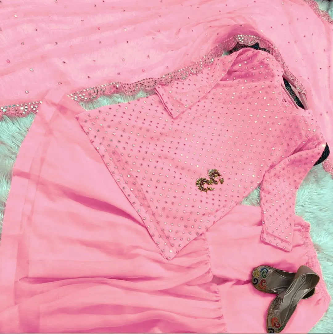 3 Pcs Women’s Stitched Chiffon Zari Embroidered Gharara Shirt