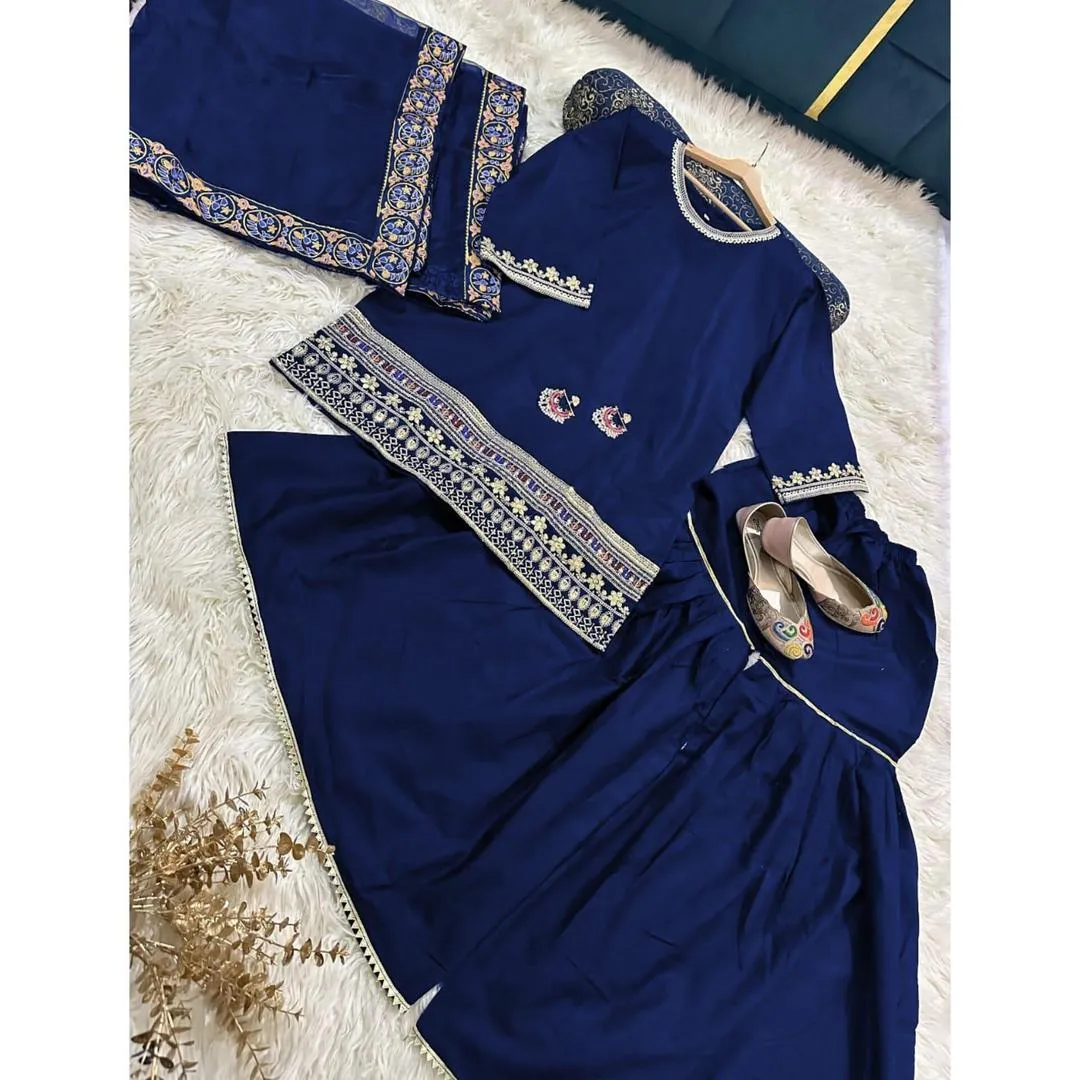 3 Pcs Women’s Stitched Shamoz Silk Sequins Embroidered Gharara Shirt