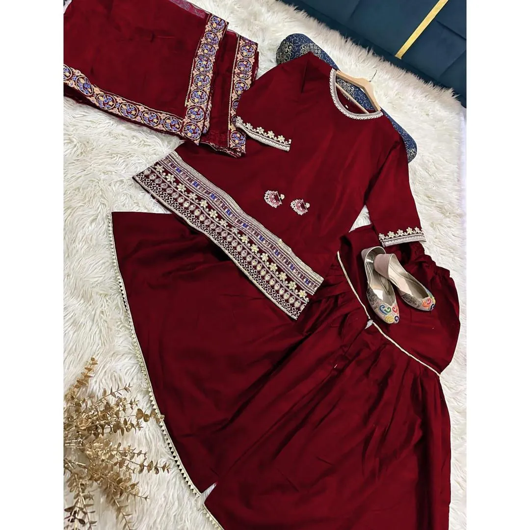 3 Pcs Women’s Stitched Shamoz Silk Sequins Embroidered Gharara Shirt