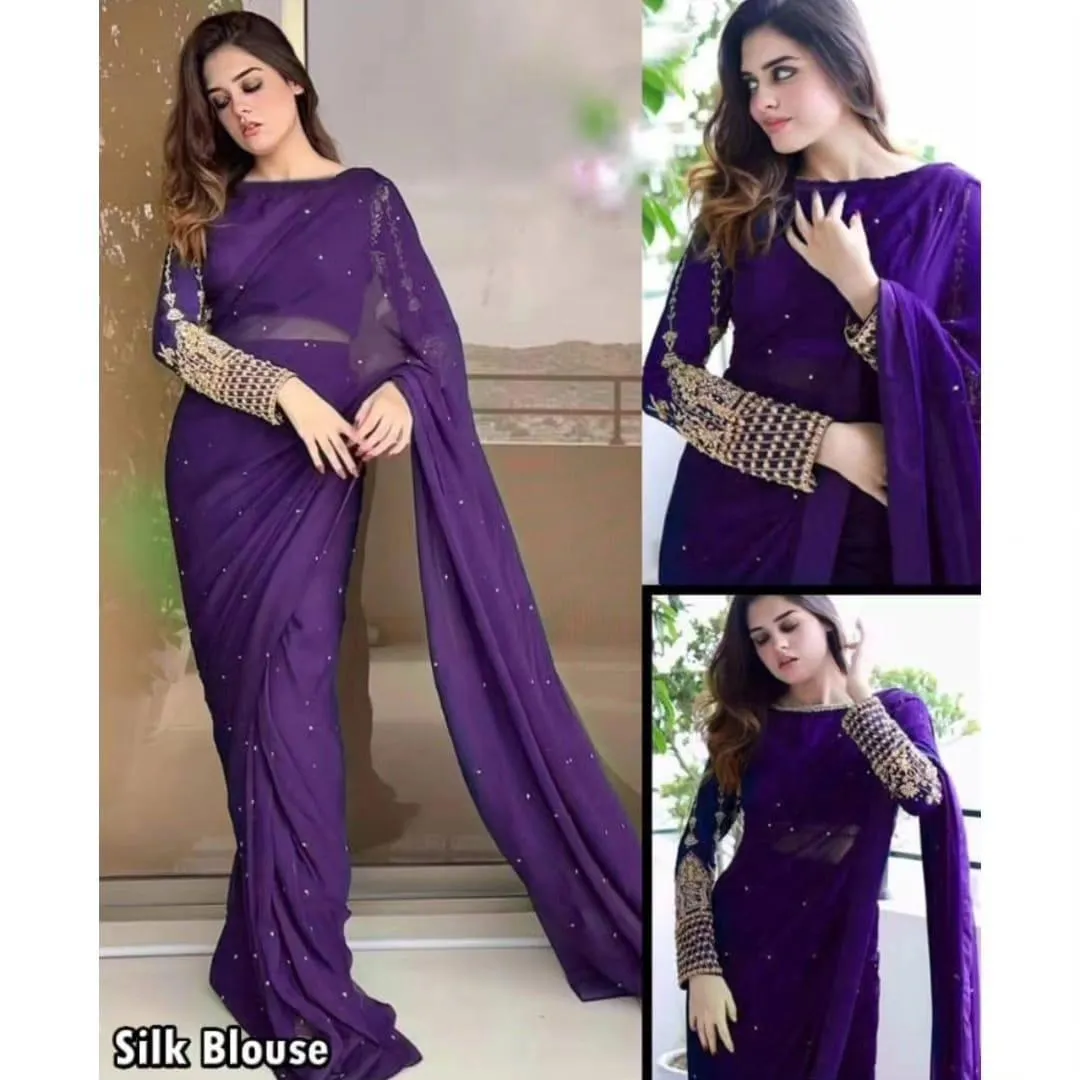 2 Pcs Women’s Chiffon Sequins Embroidered Stitched Saree