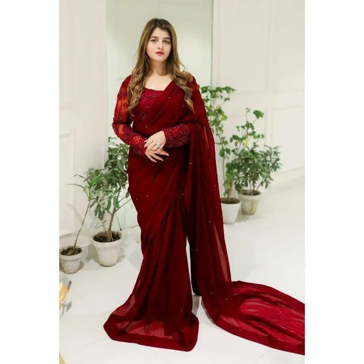 2 Pcs Women’s Chiffon Sequins Embroidered Stitched Saree