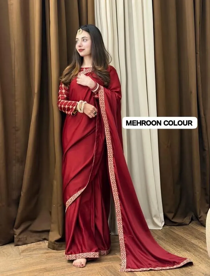 2 Pcs Women’s Shamoz Silk Embroidered Stitched Saree