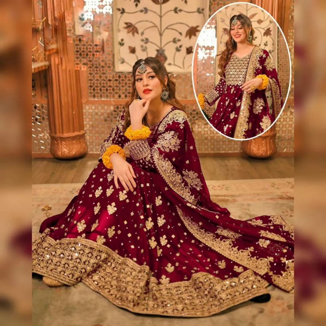 3 Pcs Women's Stitched Chiffon Embroidered Maxi And Trouser