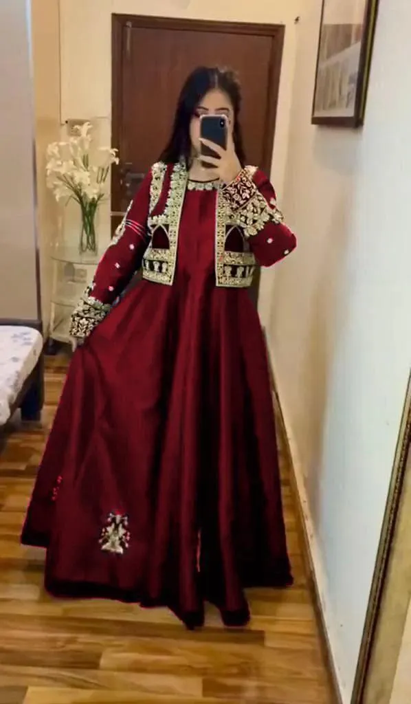 2 Pcs Women's Stitched Shamoz Silk Embroidered Maxi and Jacket