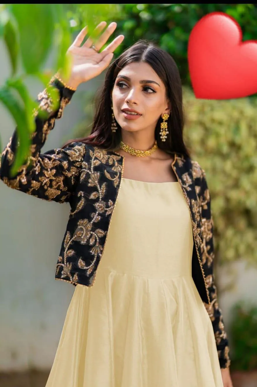 2 Pcs Women's Stitched Velvet Embroidered Maxi and Jacket